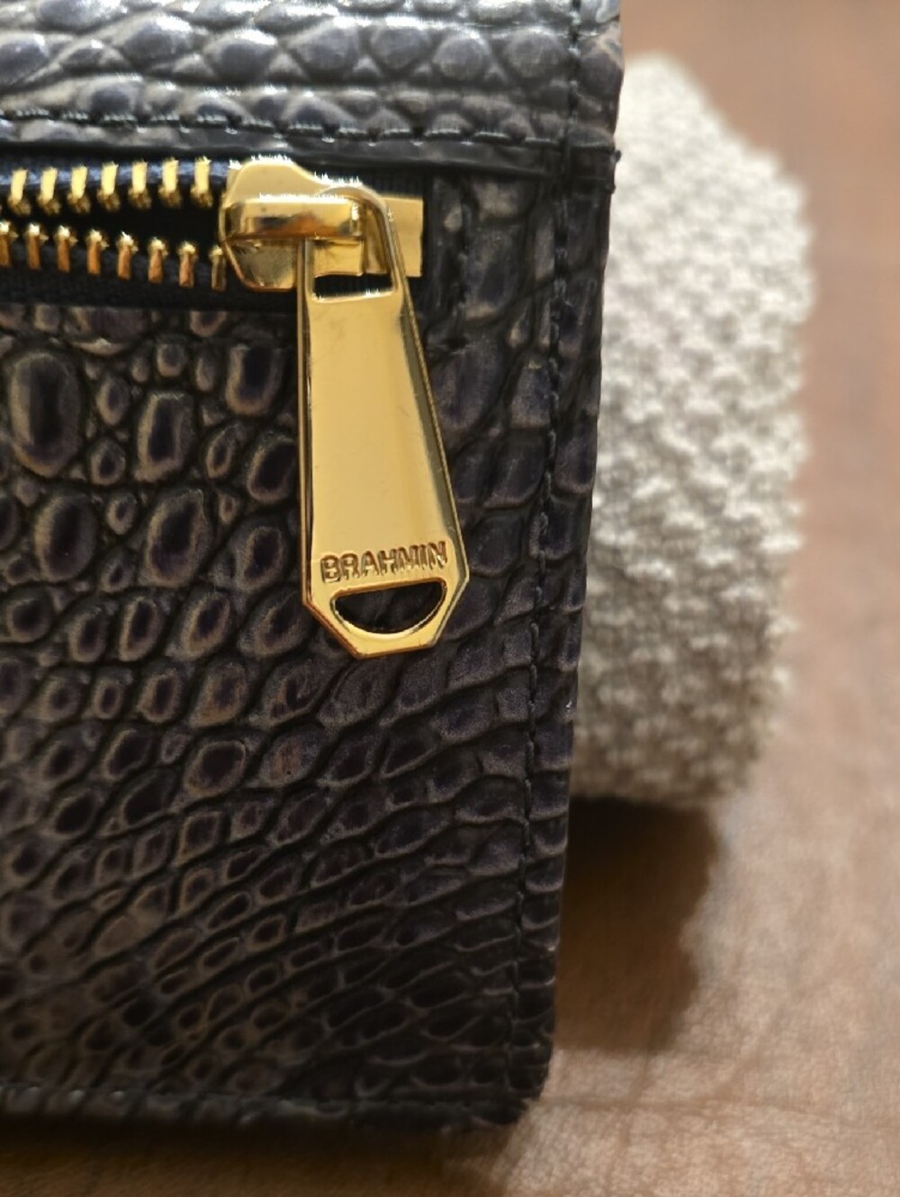 Brahmin Metallic Gray And Blue Croc-Embossed Wallet with Gold Plate - Picture 3 of 16